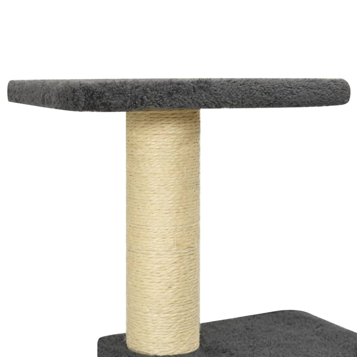 Katzenbaum mit grauen Plattformen und einem zentralen, beige umwickelten Pfosten.