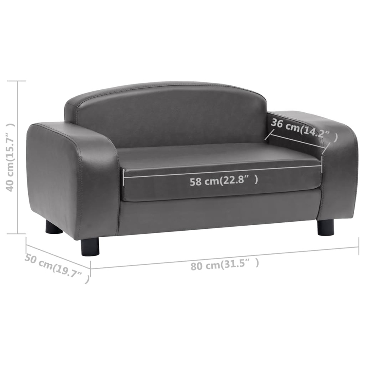 Graues Haustiersofa mit Maßangaben, schwarzen Beinen und geschwungenem Design.