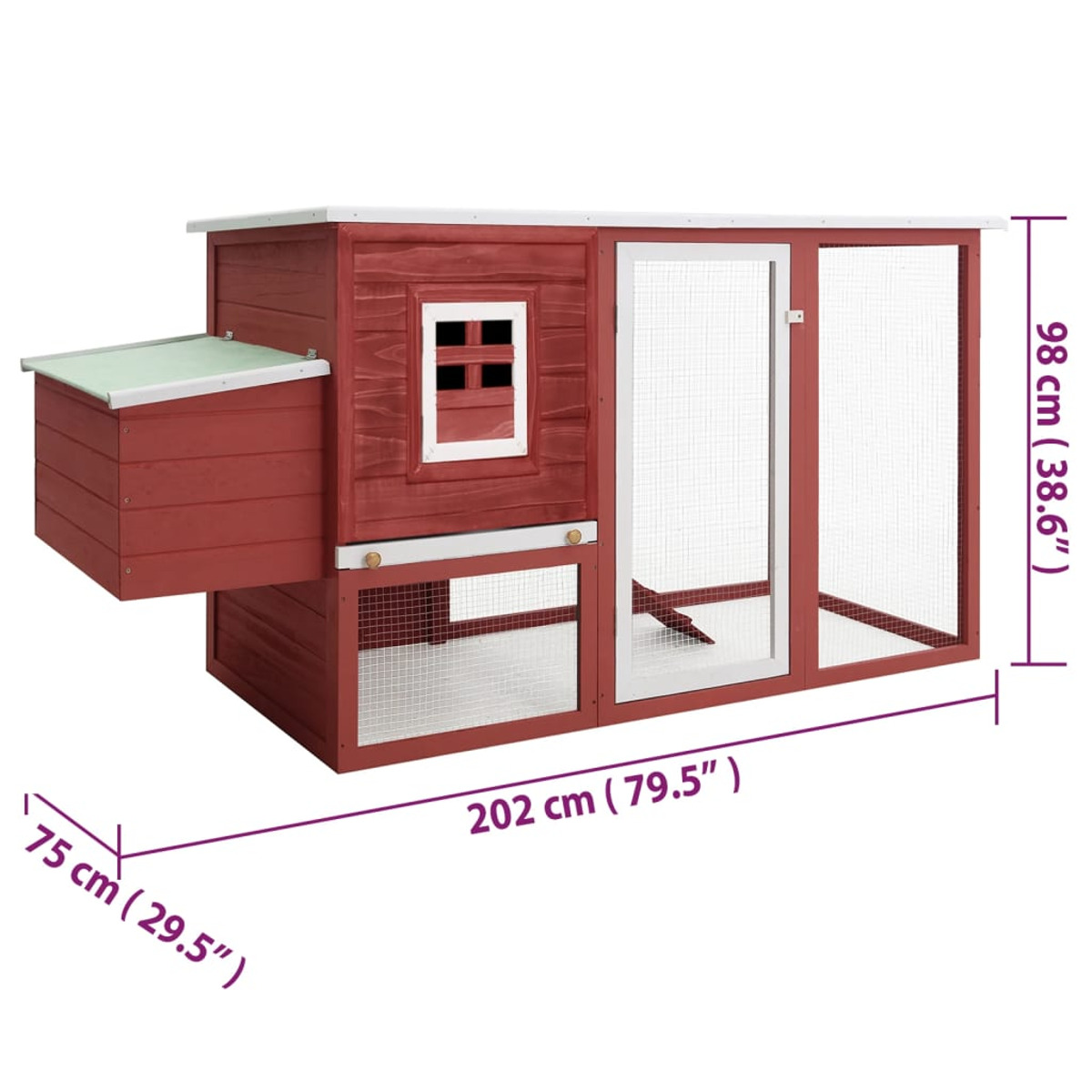 Roter Hühnerstall aus Holz mit kleinem Fenster, Tür und seitlichem Nistkasten. Abmessungen werden angezeigt.