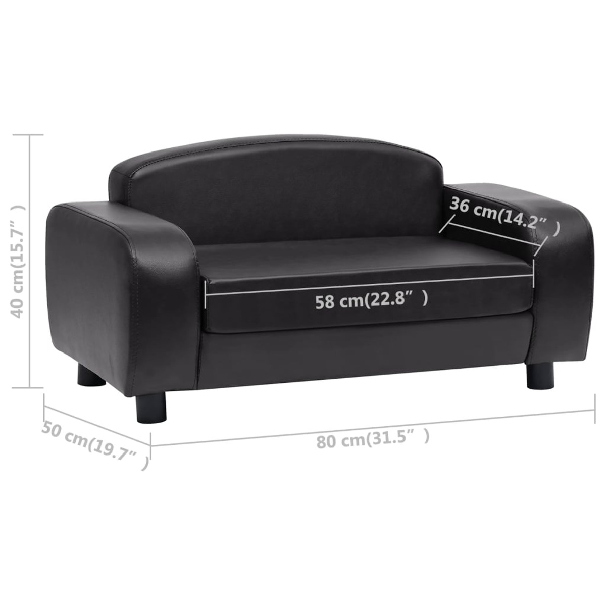 Ein kleines schwarzes Sofa mit Maßangaben.