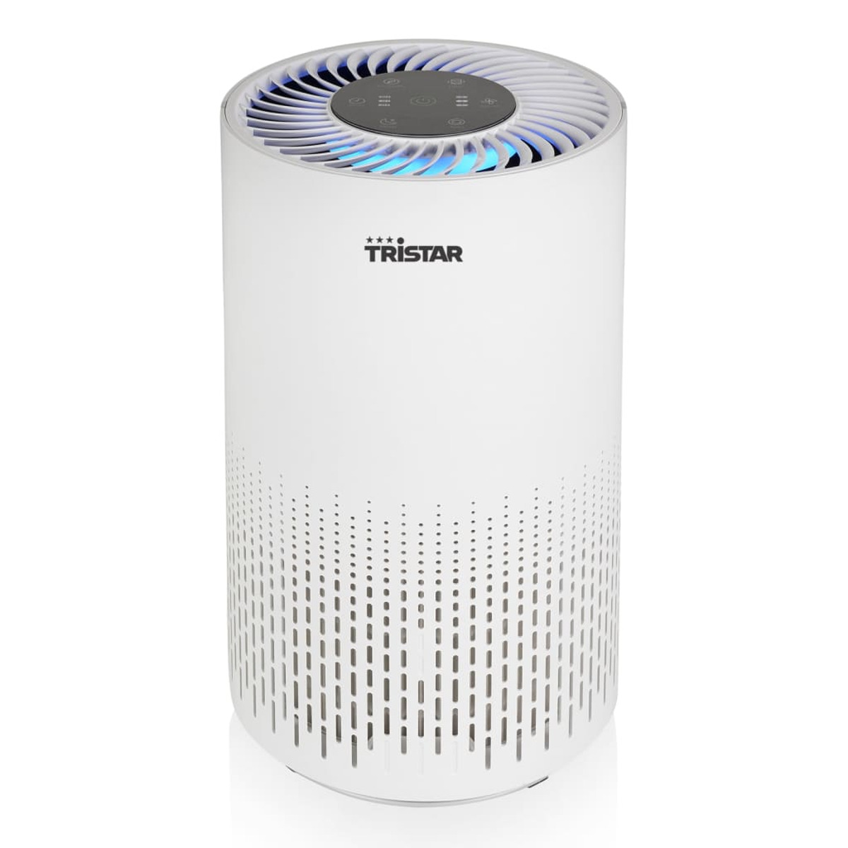 Un purificateur d'air Tristar blanc de forme cylindrique, avec un ventilateur supérieur et une lumière bleue.