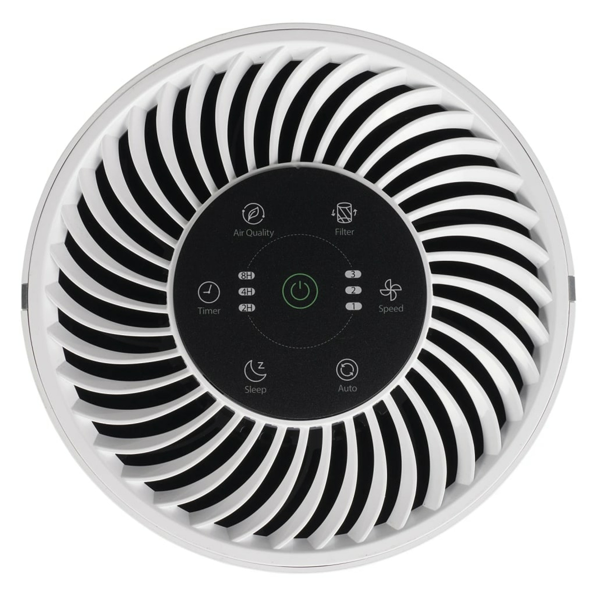 Vue de dessus du purificateur d'air, avec un panneau de commande circulaire et un ventilateur noir et blanc.