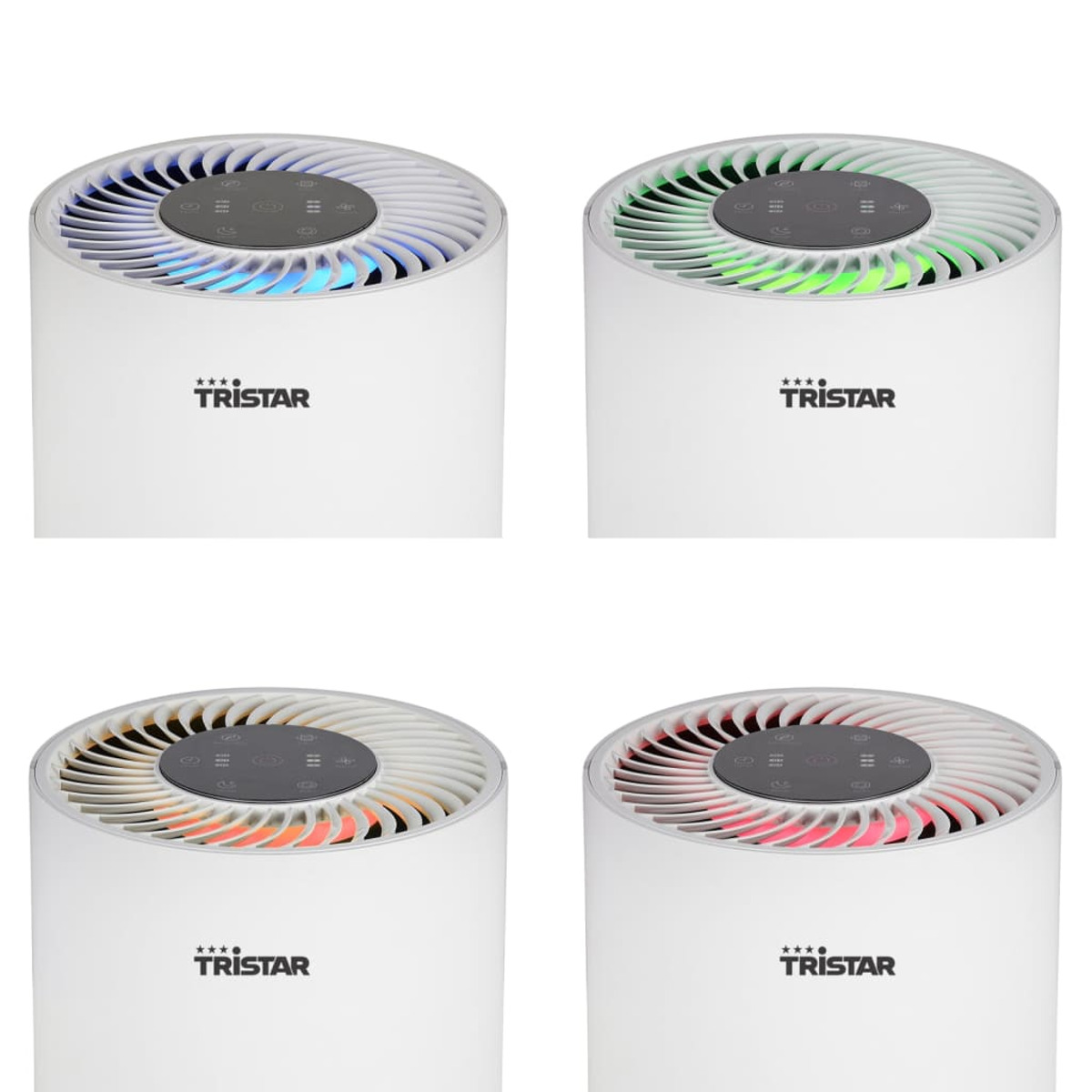 Quatre purificateurs d'air blancs avec des anneaux lumineux de couleurs différentes en haut.