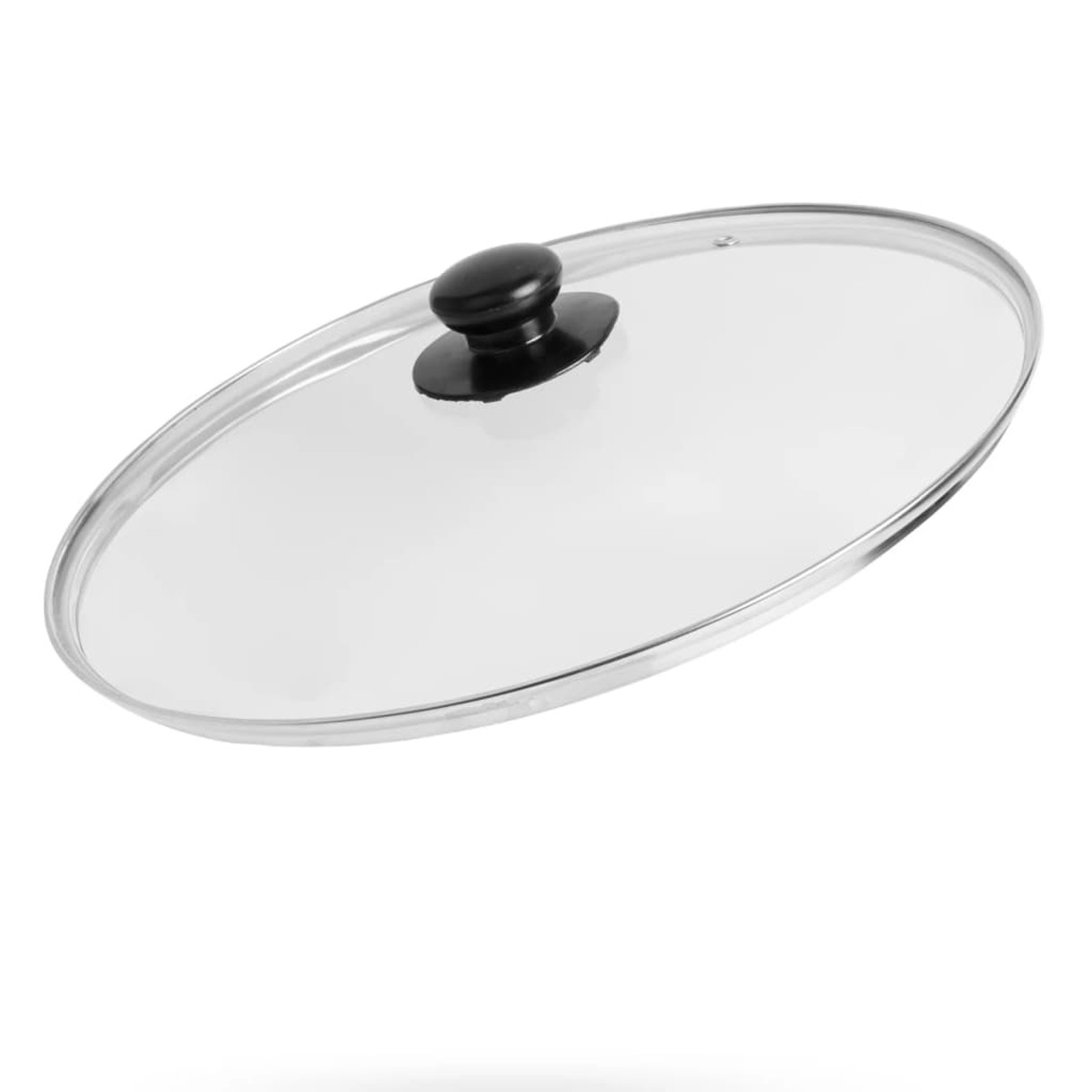 Tapa de vidrio transparente con asa negra, sobre fondo blanco, en ángulo para vista cercana.