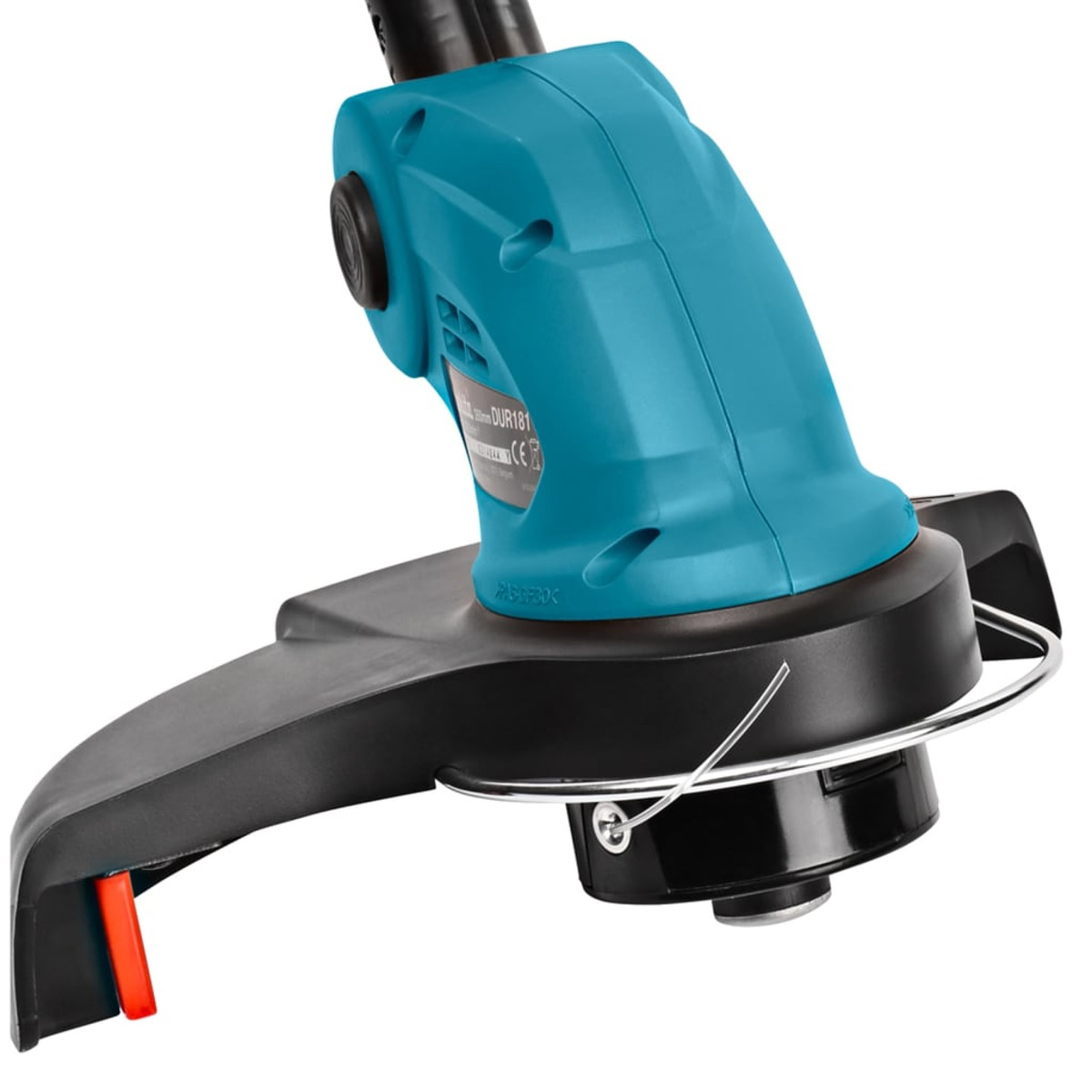 Ein elektrischer Rasentrimmer, hellblau und schwarz, mit einem Schutz.