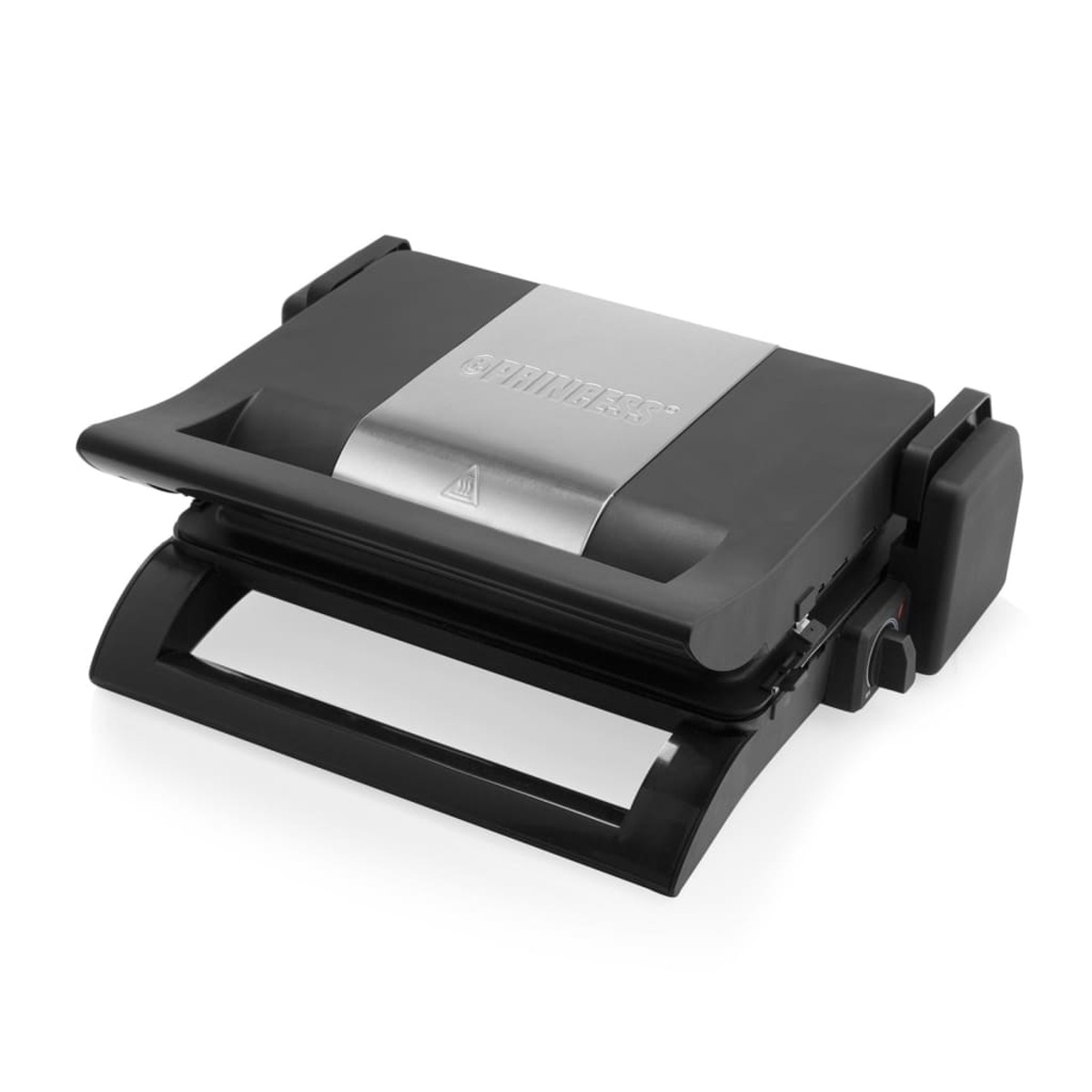 Sandwich maker nero su sfondo bianco, parte superiore aperta.