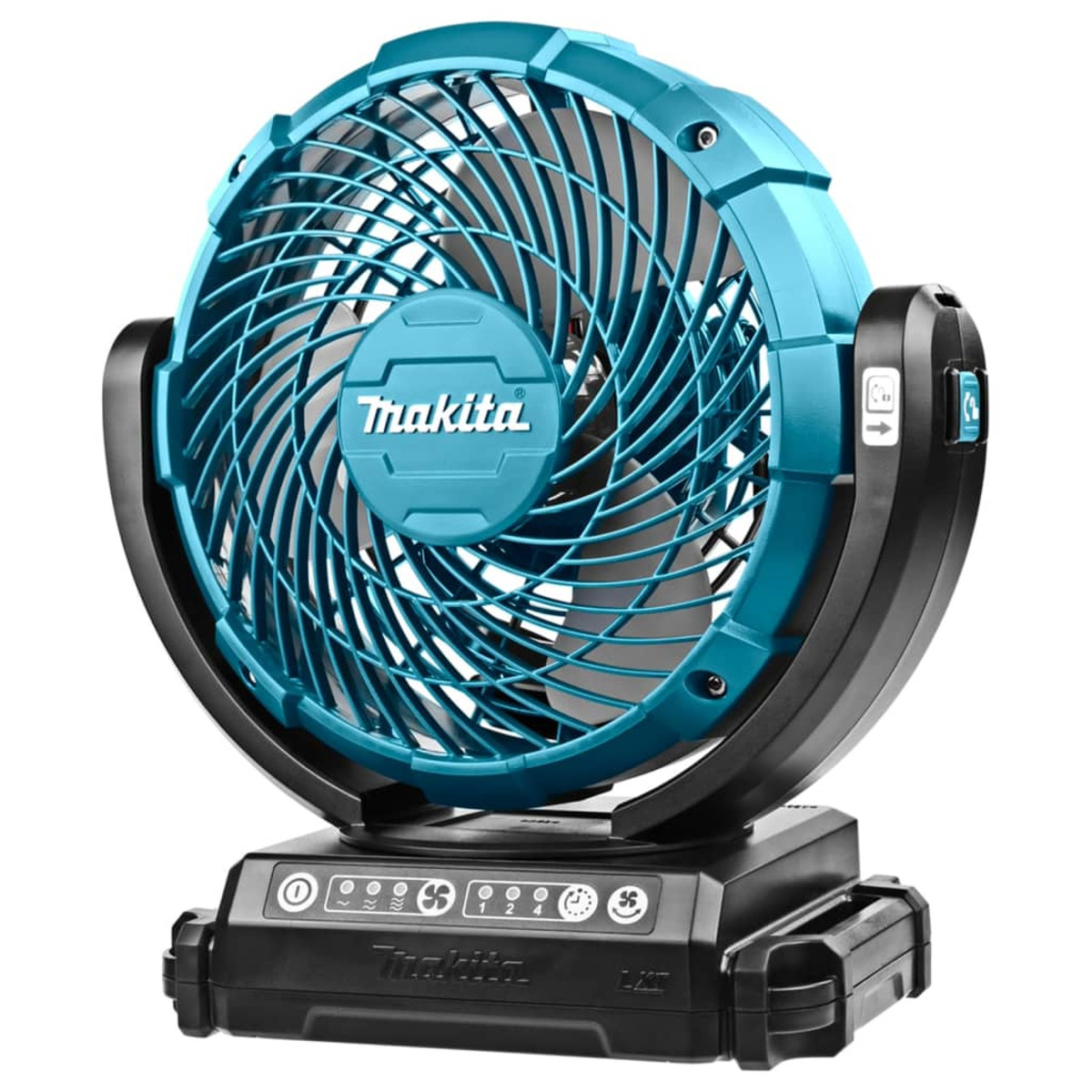 Ventilador Makita azul y negro sobre base negra. Fondo blanco. Ventilador con controles y logo.