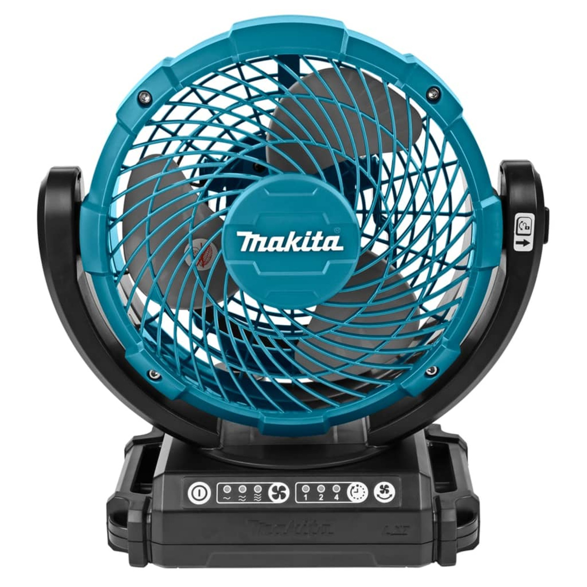 Un ventilador portátil negro y verde azulado con una jaula protectora y botones de control.