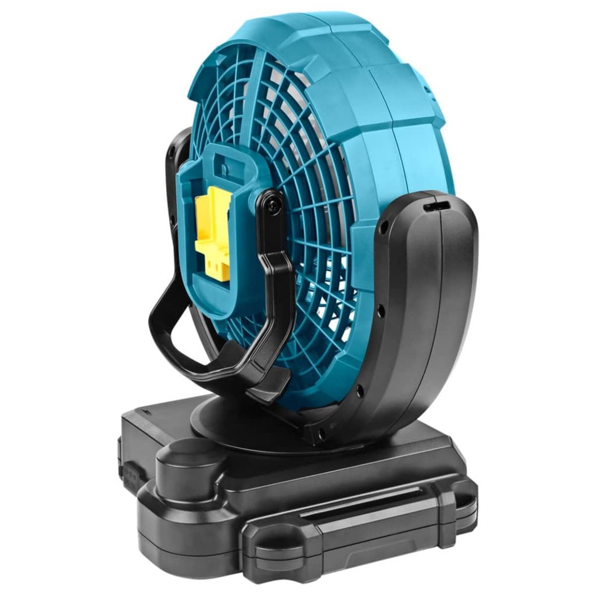 Ventilador azul con base negra, detalle amarillo y rejilla protectora, aislado sobre fondo blanco.