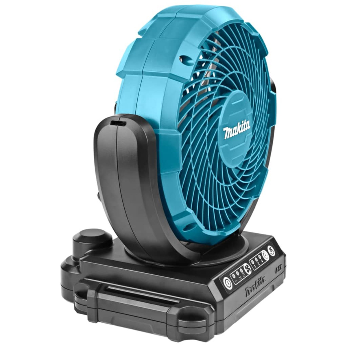Un ventilador Makita azul y negro sobre un fondo blanco. El ventilador tiene forma circular.