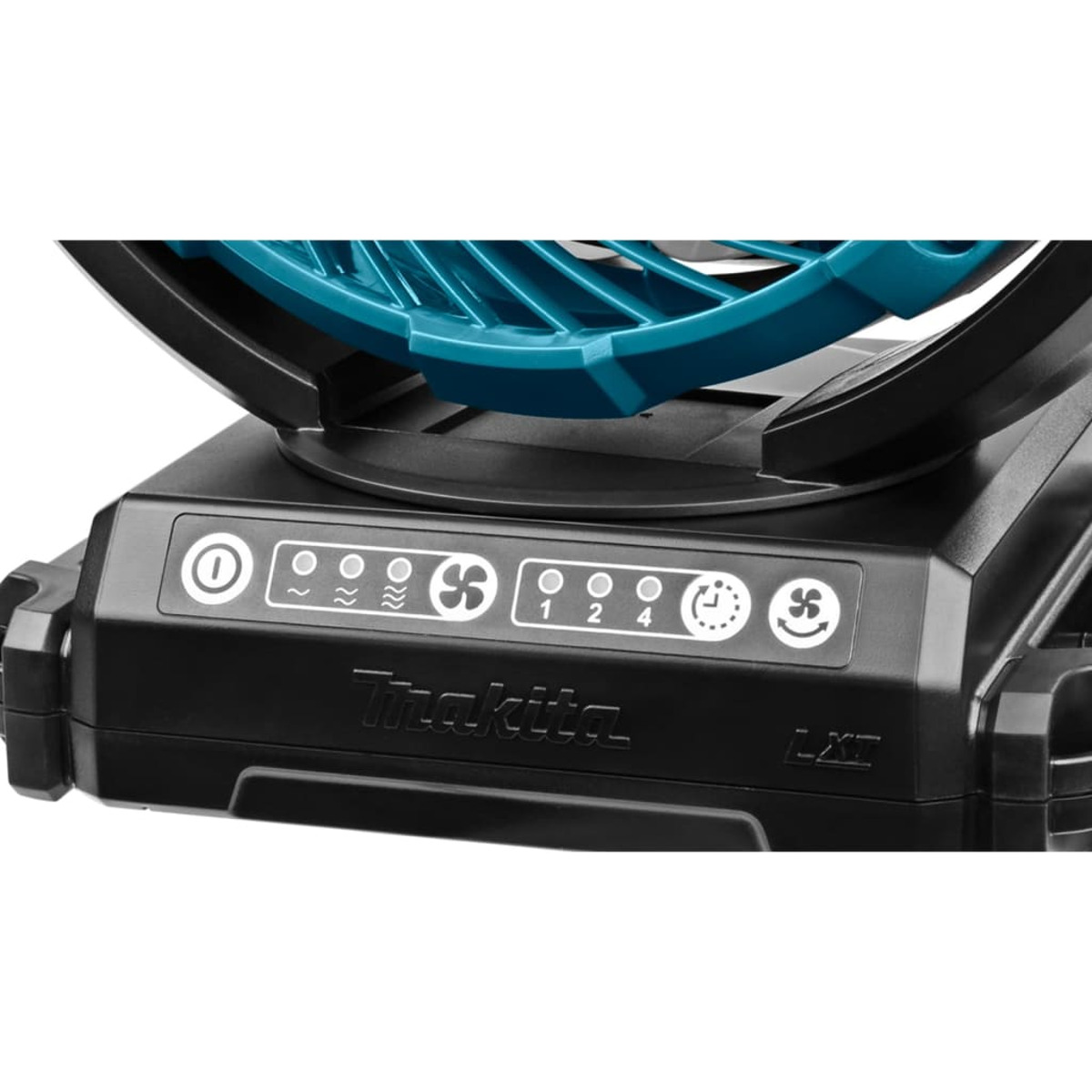 Primer plano de un dispositivo negro con botones y un ventilador azul. Tiene la marca "Makita".