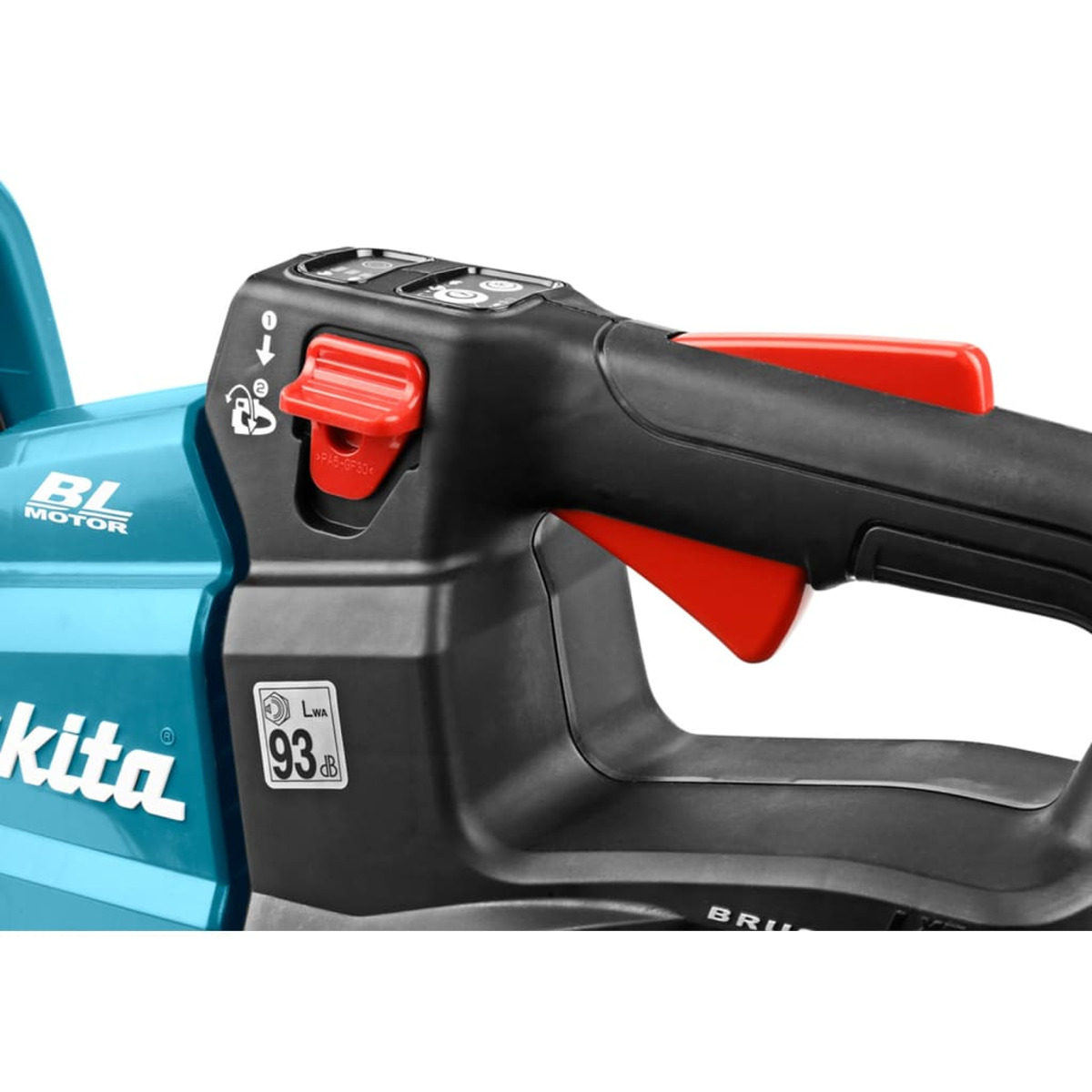 Nahaufnahme eines blauen und schwarzen elektrischen Heckenscheren-Griffs mit roten Knöpfen.