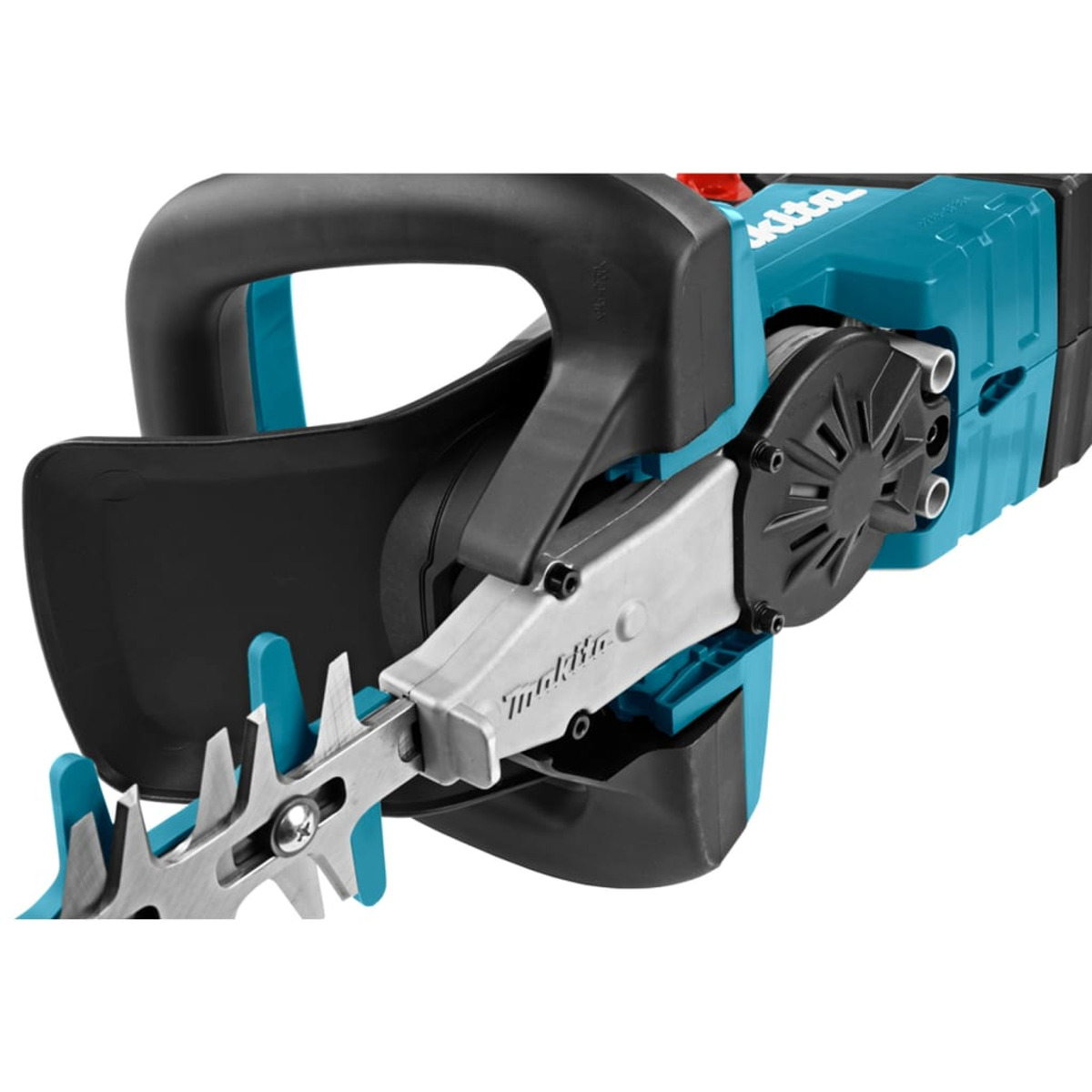 Eine blau-schwarze Makita Heckenschere mit schwarzem Griff.