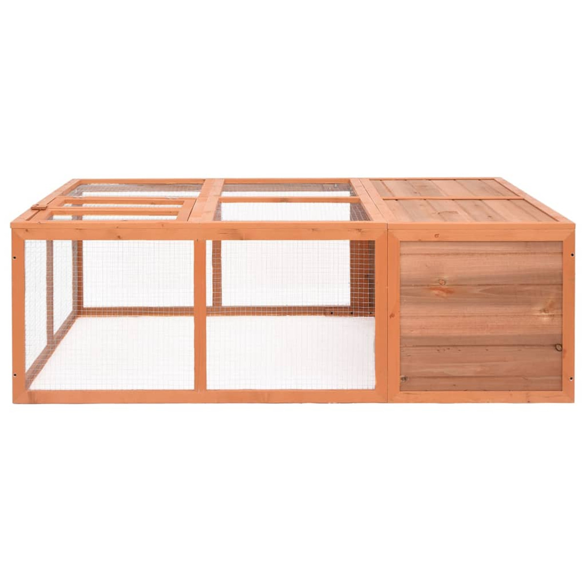 Kaninchenstall aus Holz mit Gitternetzwänden und -decke, Holztür und rechteckiger Form.