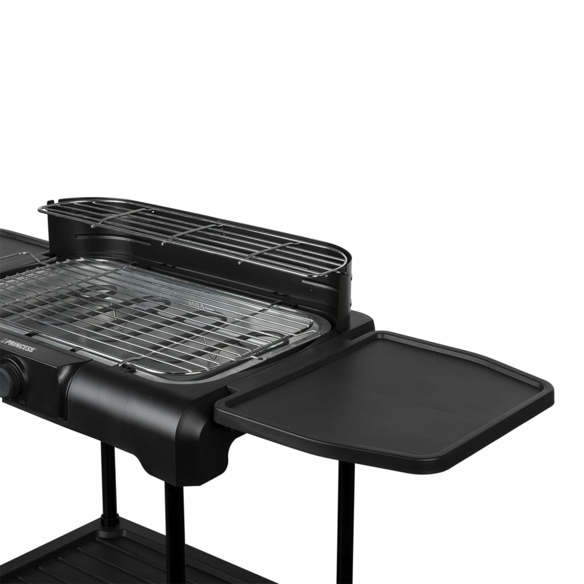 Black electric grill with a cooking surface and side table, isolated on white, studio shot.