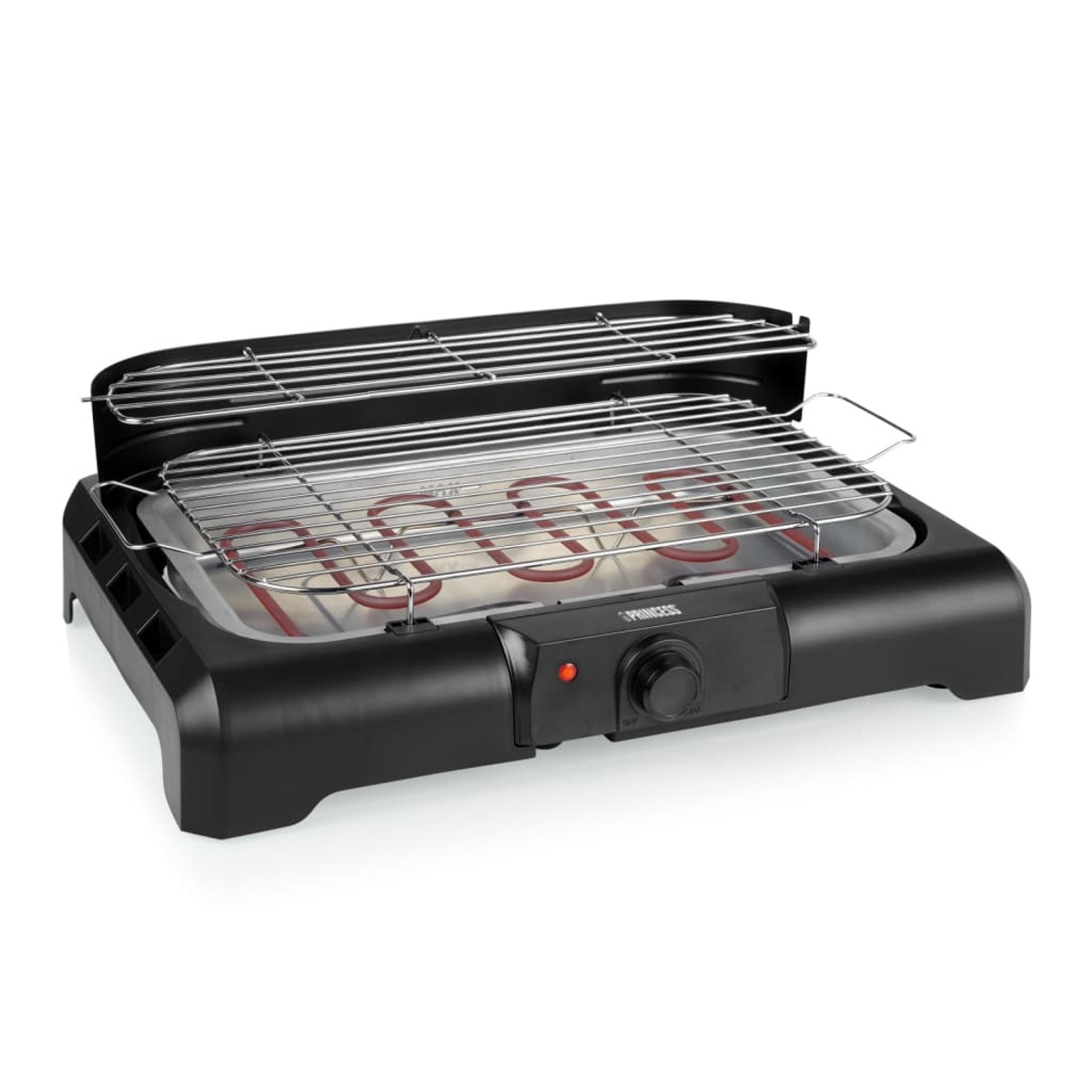 Black grill with a red heating element. It is turned on.