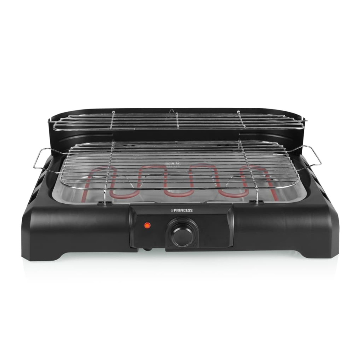 Black electric grill with a heating element and a control knob.