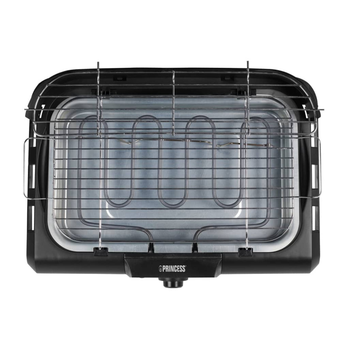 Black grill with metal grid and heating element, top view.