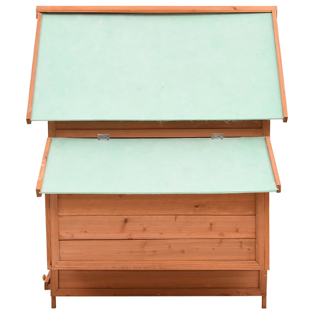 Hühnerstall aus Holz mit zwei grünen Klappdächern. Der Stall ist braun.