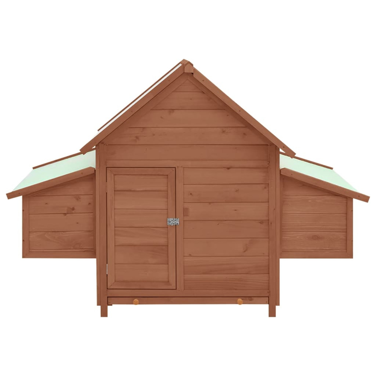 Hühnerstall aus Holz mit Tür, zwei Seitenöffnungen und einem Dach. Braune Farbe.