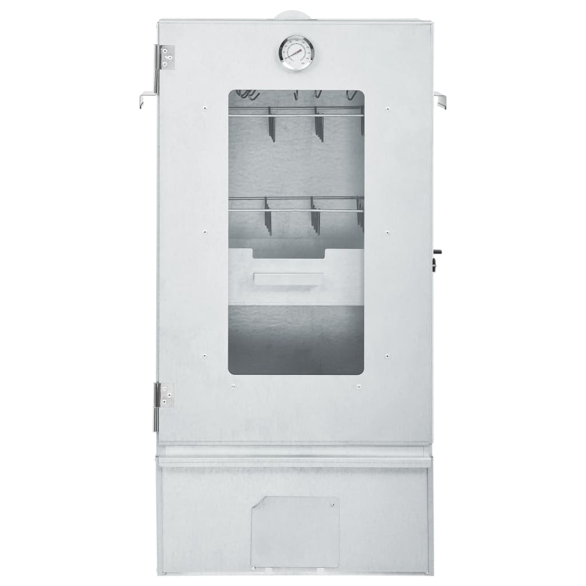 Affumicatore argentato con porta a vetro, termometro e prese d'aria. Un apparecchio per affumicare.