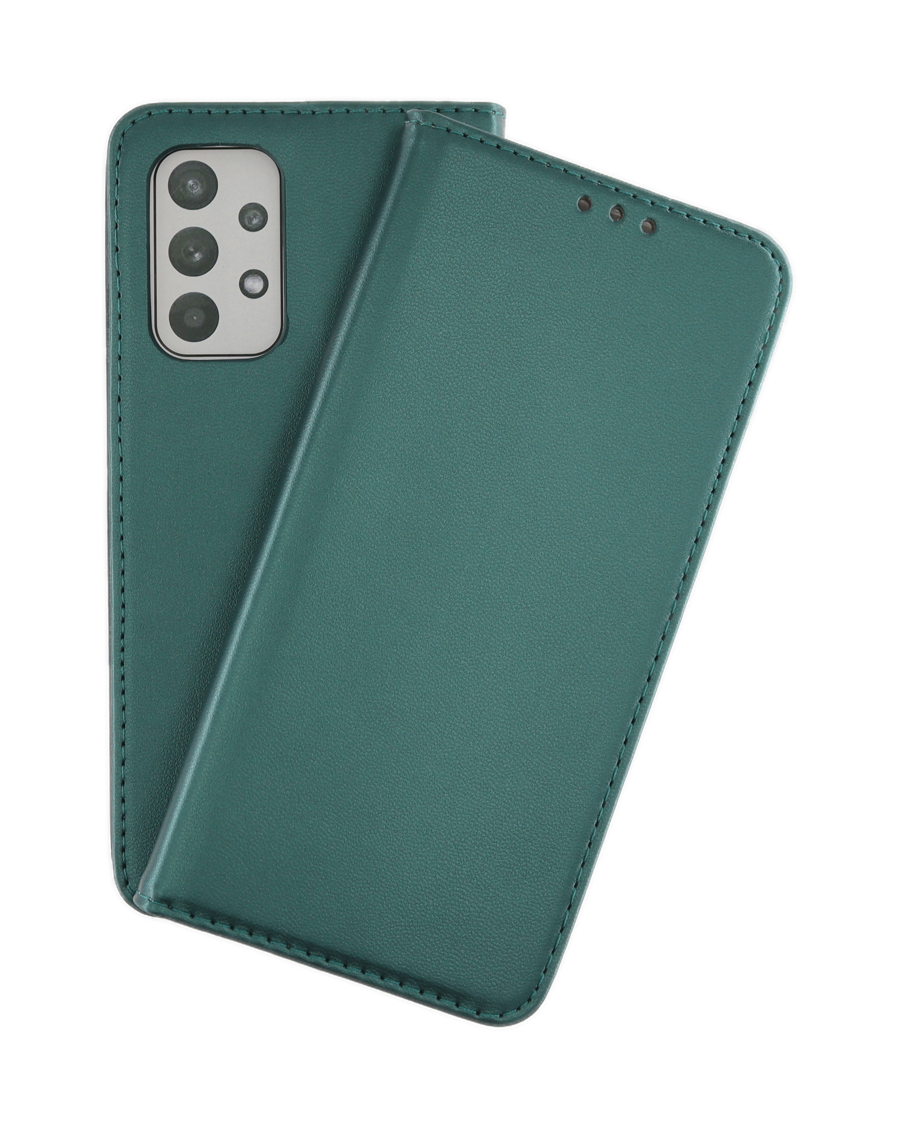 Grüne Handyhülle, offen und Telefon zeigend, mit Kamera-Array. Grünes Gehäuse.