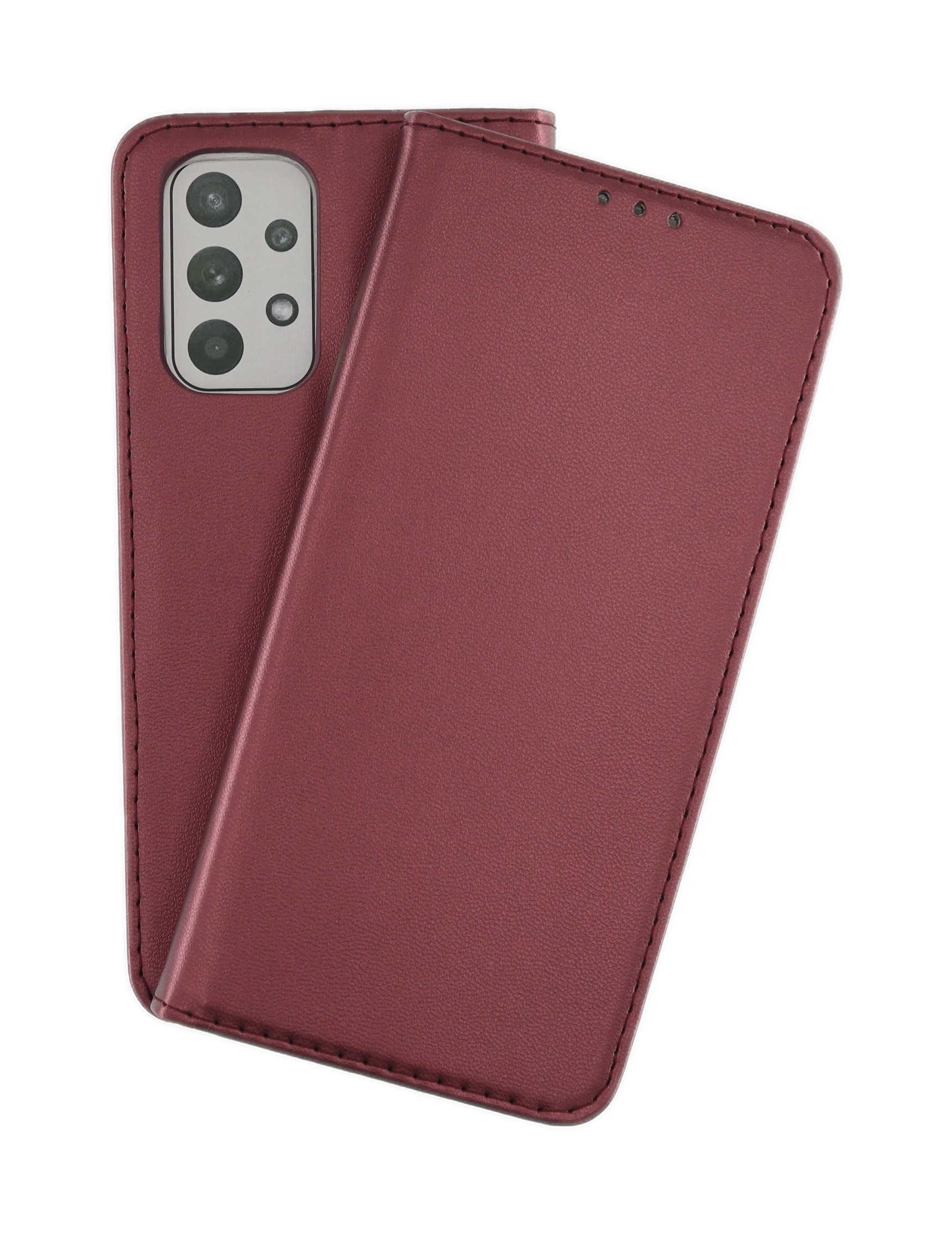 Eine rote Handyhülle, die Kamera des Telefons ist sichtbar. Die Hülle ist offen.