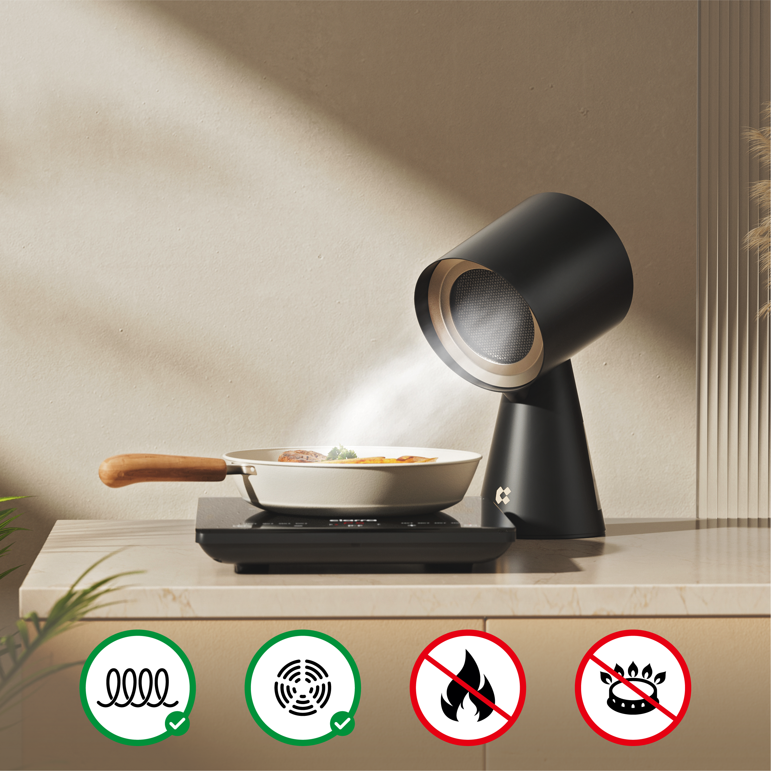 Ventilatore nero, padella. Icone indicano senza fuoco o gas, ventola sicura. Cucina moderna.