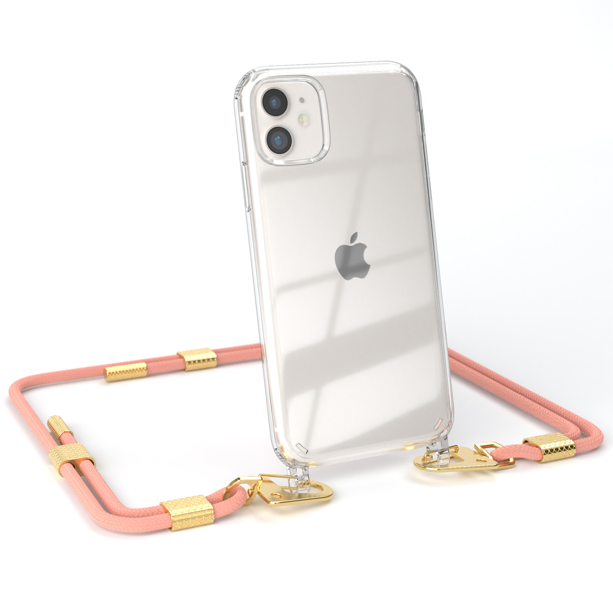 Transparente Handyhülle mit pinkfarbenem Kordelriemen und goldener Hardware.