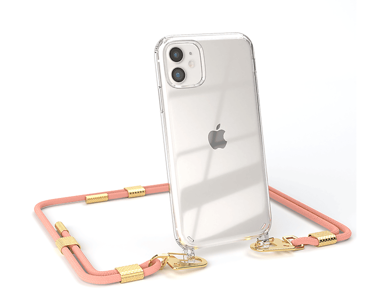 EAZY CASE Transparente Handyhülle runder Kordel / Altrosa mit Apple, + Gold iPhone 11, Umhängetasche, Karabiner