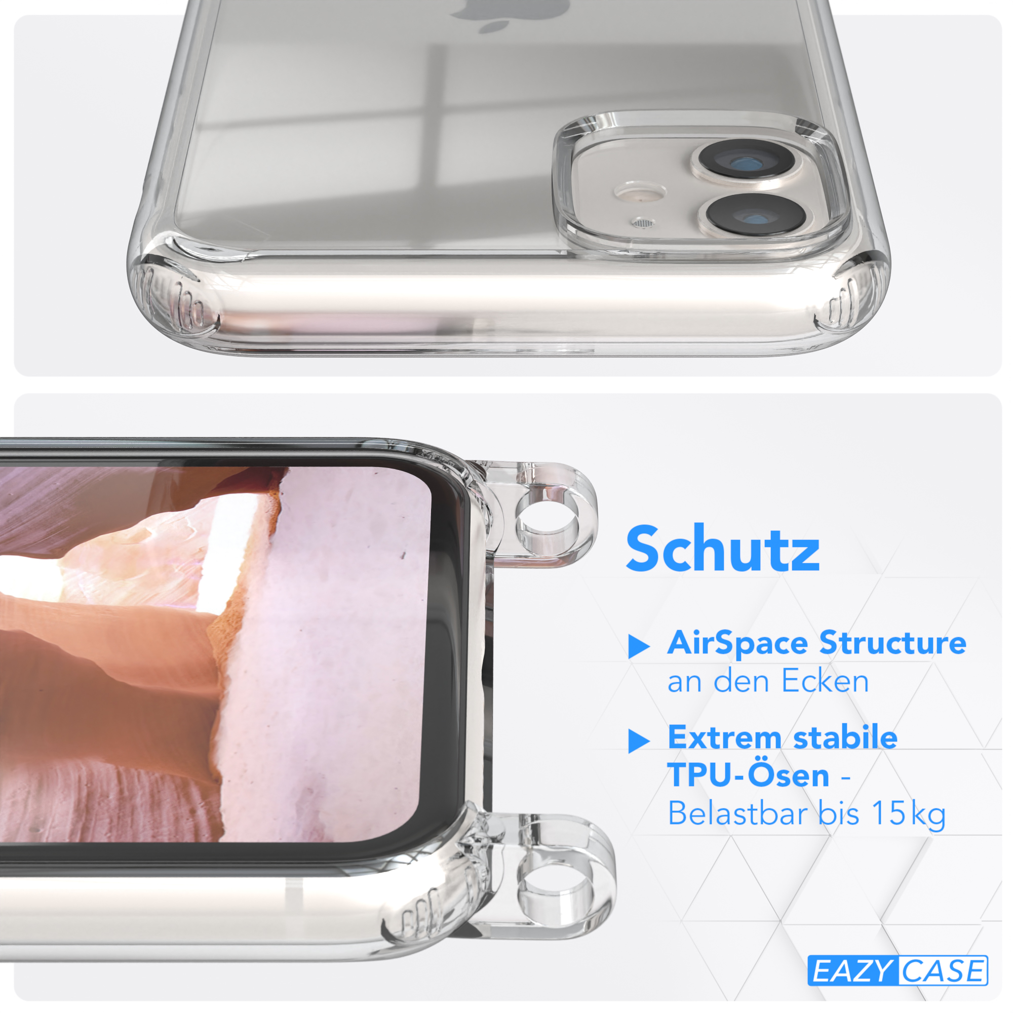 EAZY CASE Altrosa Umhängetasche, runder + Karabiner, Apple, Gold Handyhülle mit 11, Transparente / Kordel iPhone