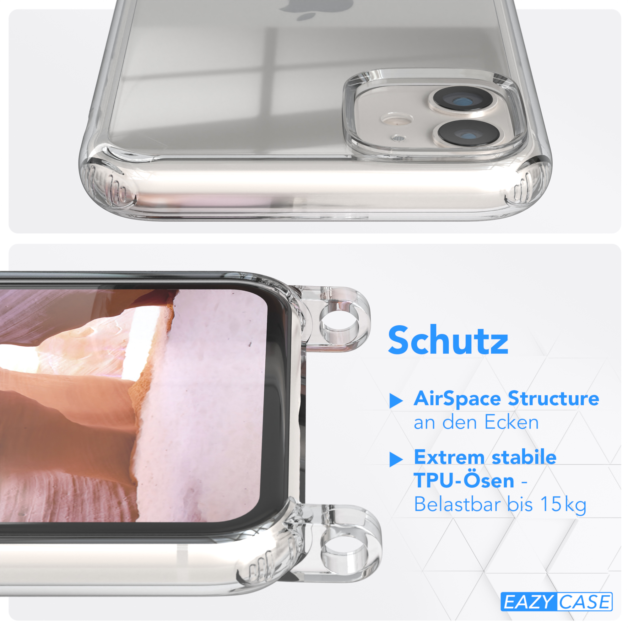 Nahaufnahme einer Handyhülle. Die Ecken haben eine AirSpace Structure. TPU-Ösen sind stabil und belastbar bis 15 kg.