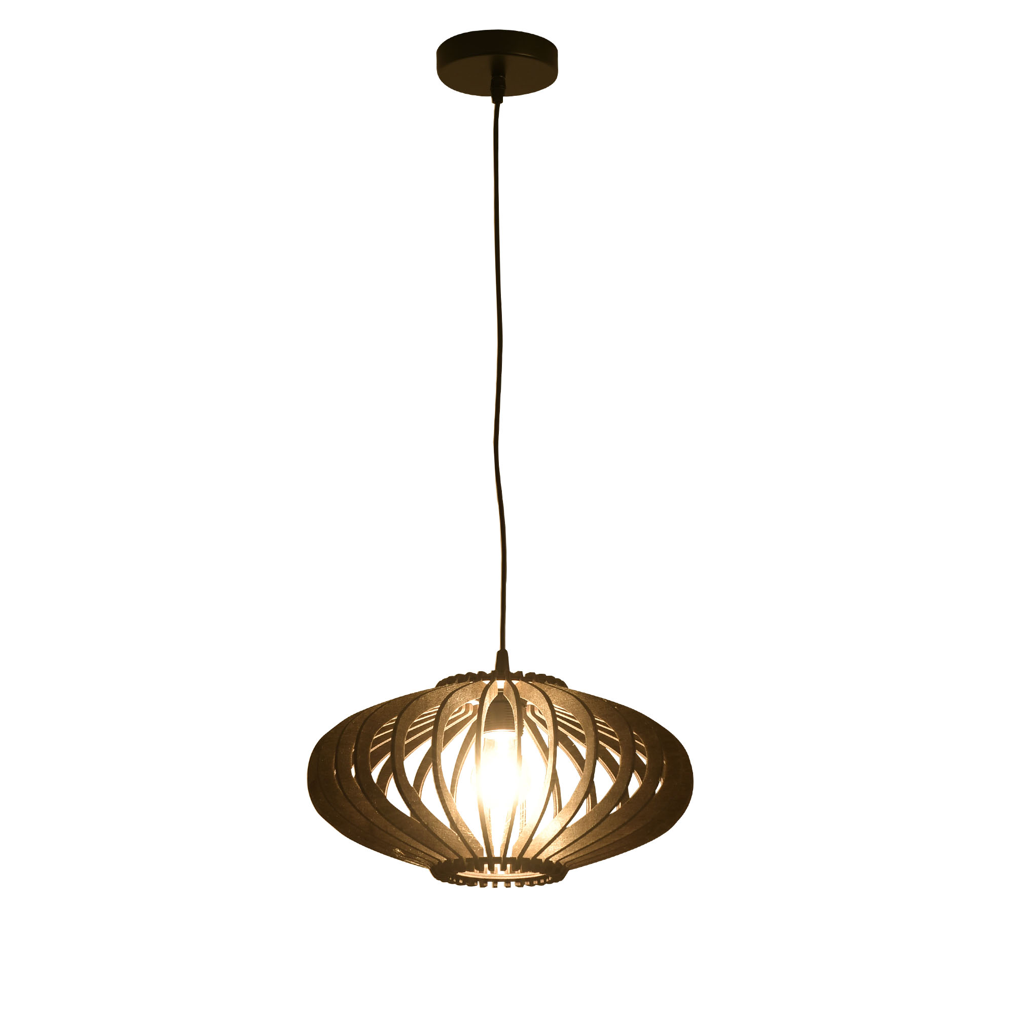Moderne Holz-Pendelleuchte, ovale Form, mit sichtbarer Glühbirne. Weißer Hintergrund.