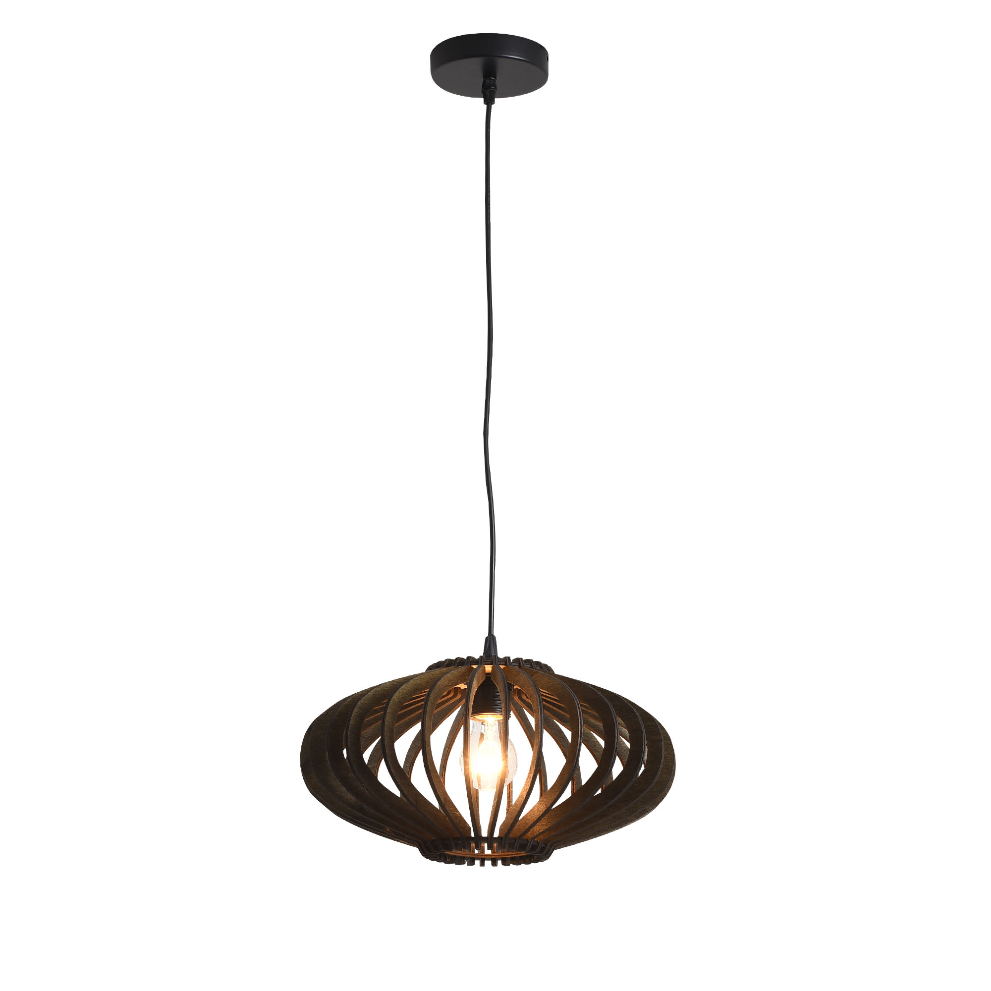 Schwarze Hängelampe mit Holzdesign, Glühbirne im Inneren und schwarzer Deckenhalterung.