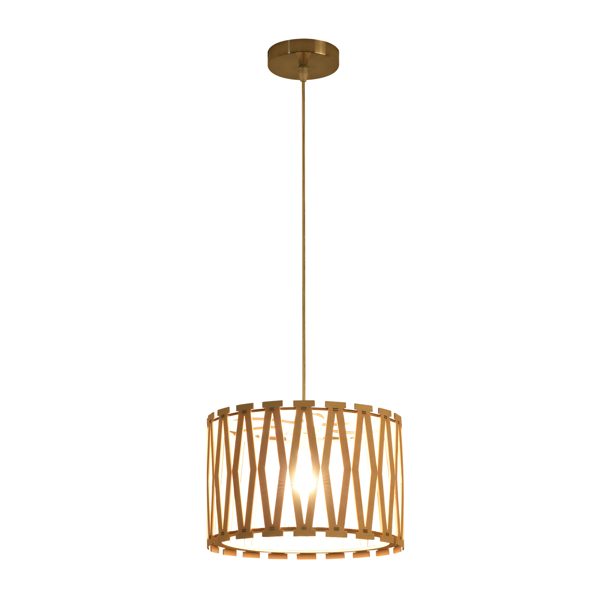 Eine goldene Pendelleuchte mit zylindrischem Schirm, isoliert auf weißem Hintergrund.