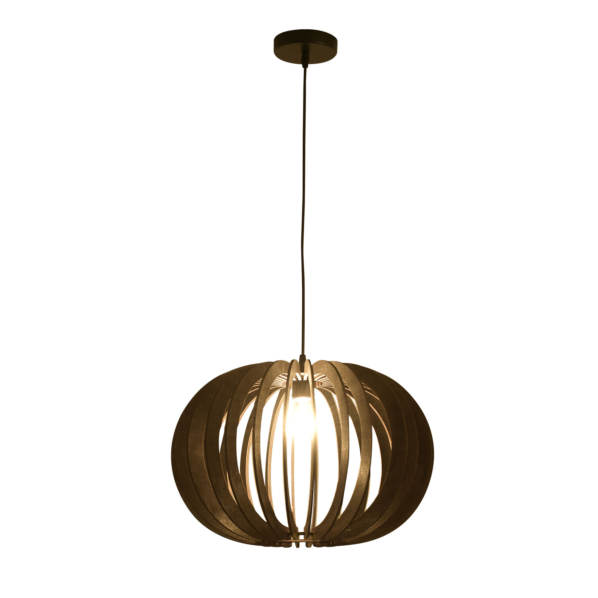 Eine moderne Pendelleuchte, dunkel in der Farbe, mit kreisförmigem Design und einer einzigen Glühbirne.