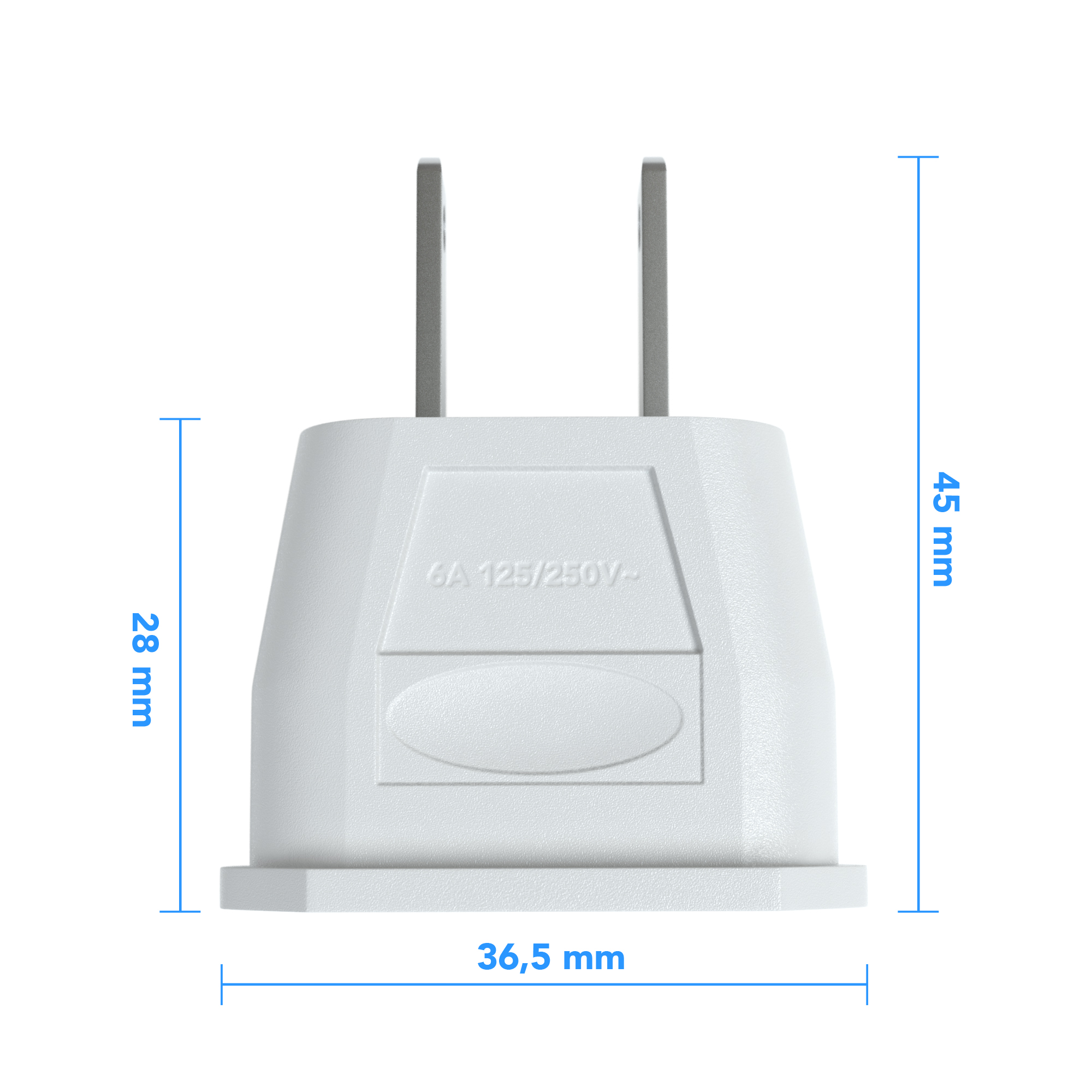 Weißer Reiseadapter mit Abmessungen: 45 mm hoch, 28 mm breit und 36,5 mm lang. 6A 125/250V-Text.