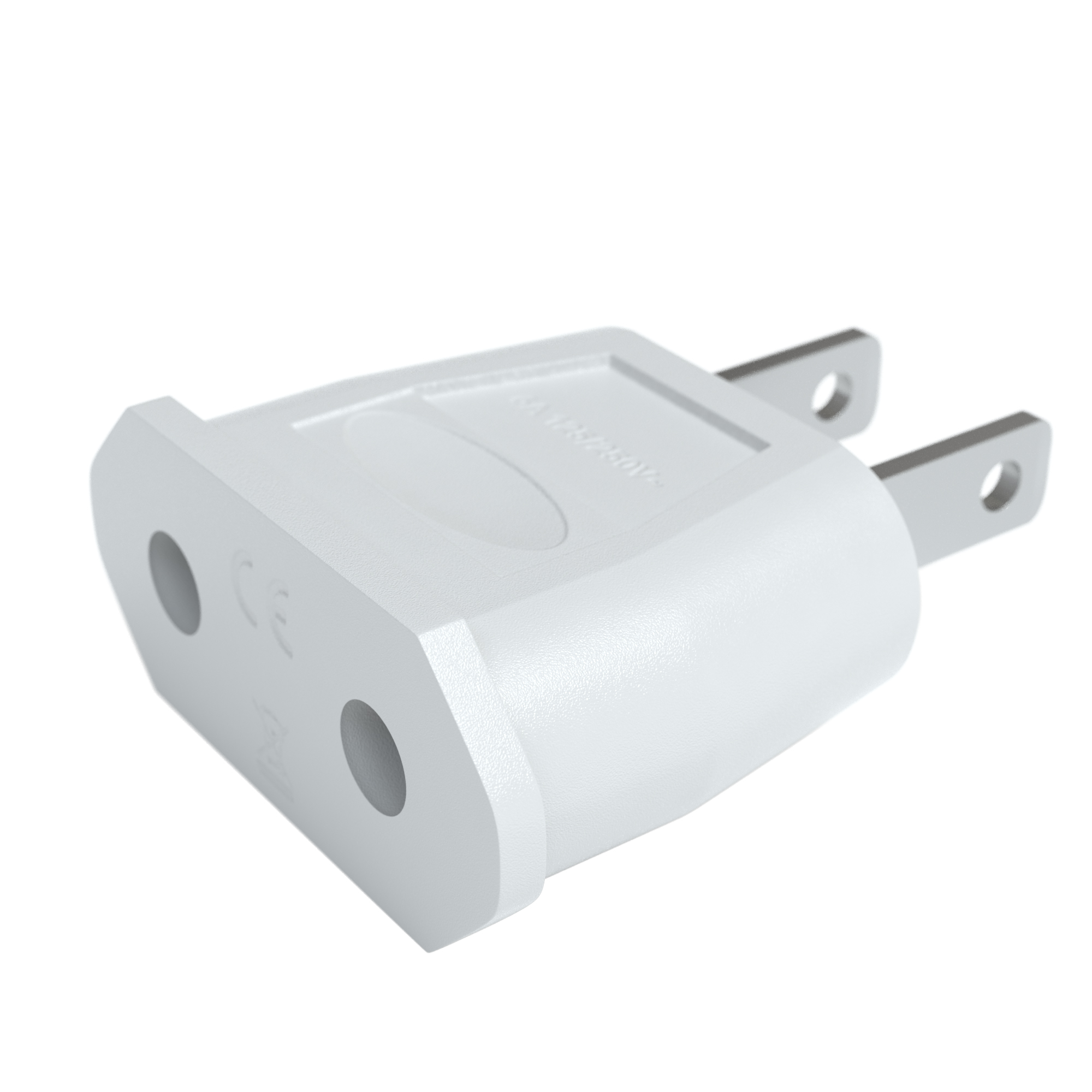 Ein weißer US-Netzadapter mit zwei Stiften und zwei Löchern für europäische Stecker, isoliert auf Weiß.