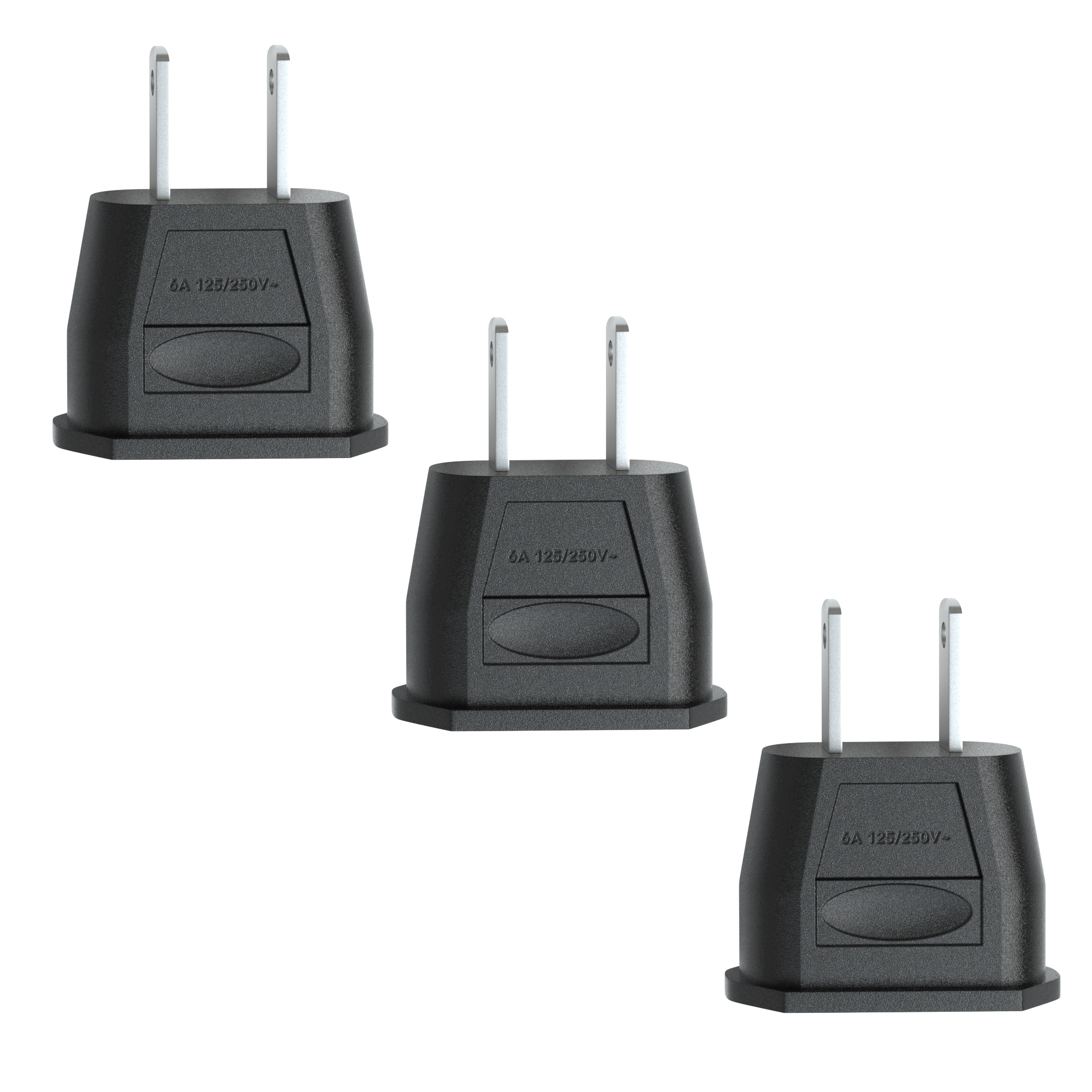 Drei schwarze Netzadapter mit zwei Stiften.