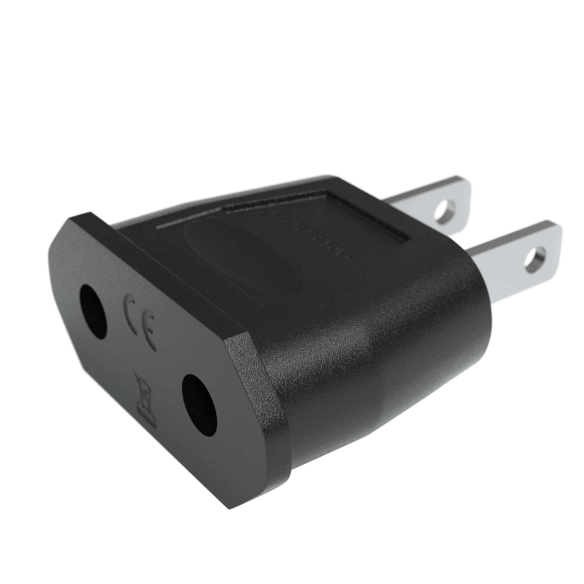 Schwarzer Netzadapter mit Metallstiften, isoliert auf Weiß.