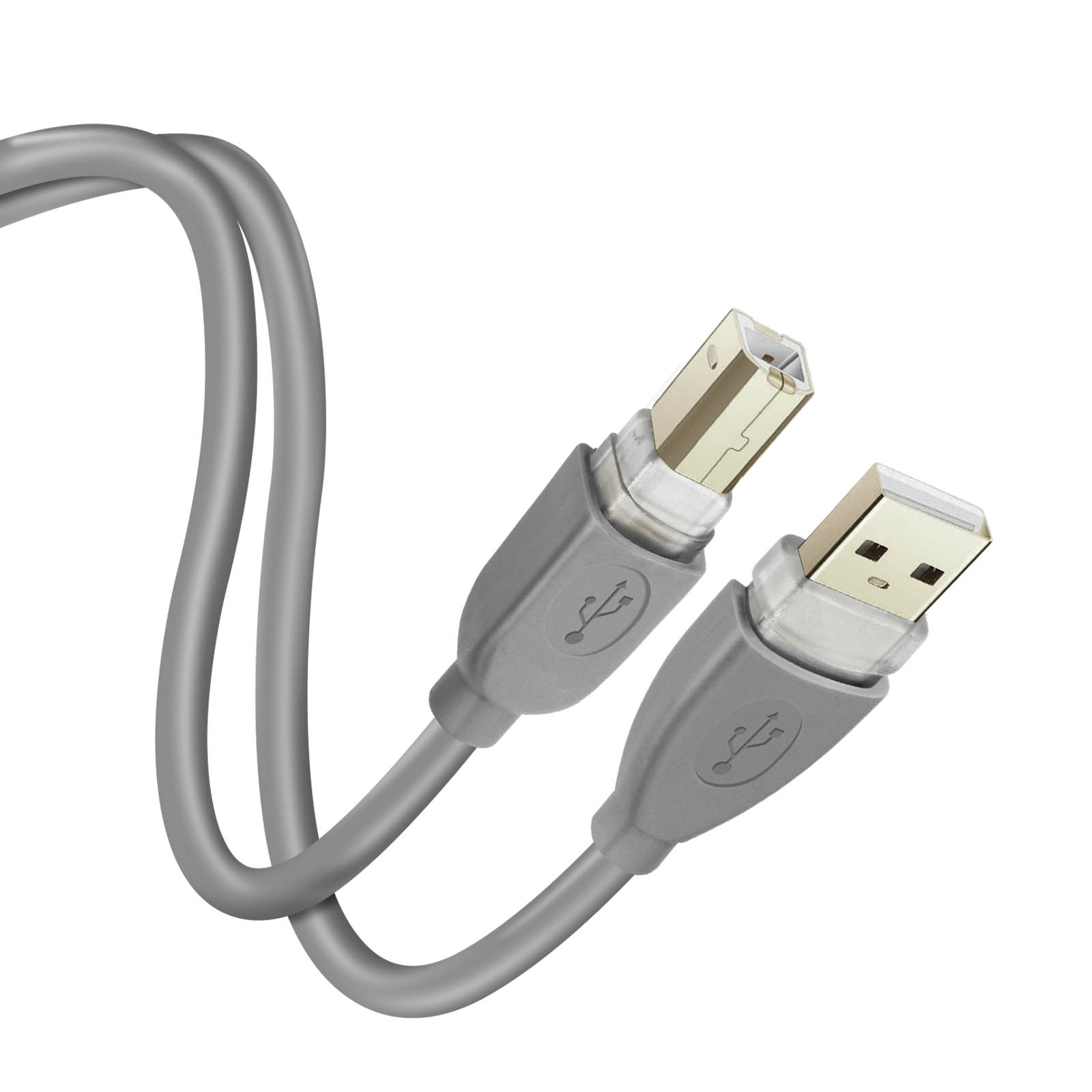 Graues USB-Kabel mit zwei Anschlüssen. Vergoldete USB-Enden.