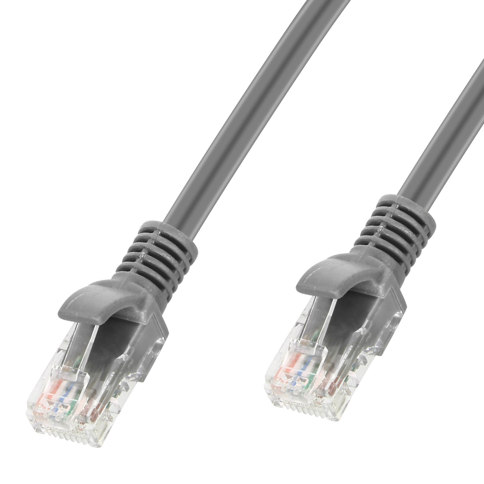 Due cavi ethernet grigi con connettori trasparenti, su sfondo bianco.
