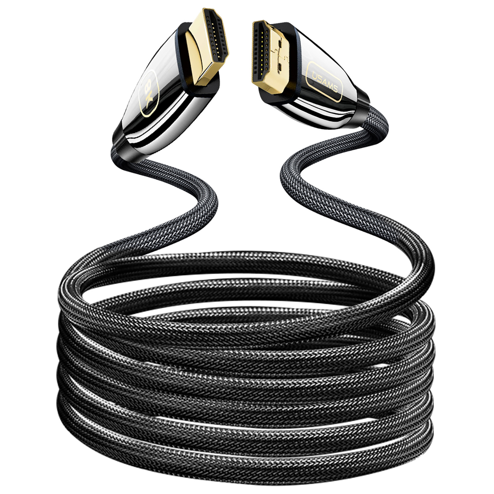 Schwarzes und goldenes HDMI-Kabel. Das Kabel ist aufgewickelt. Stecker sind sichtbar.