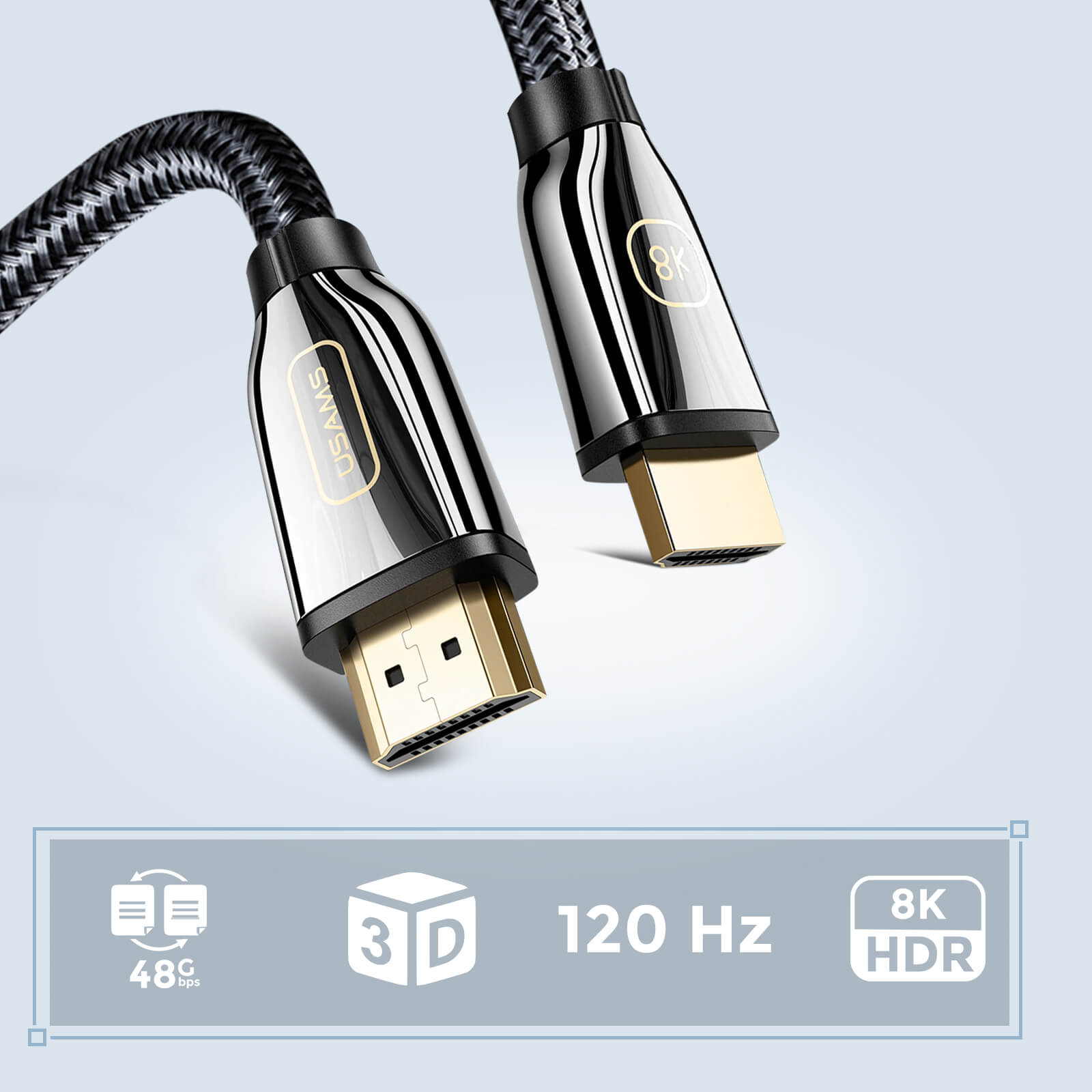 Schwarzes und silbernes HDMI-Kabel mit goldfarbenen Steckern. Text: 3D, 120 Hz, 8K HDR. Markenname: USAMS.