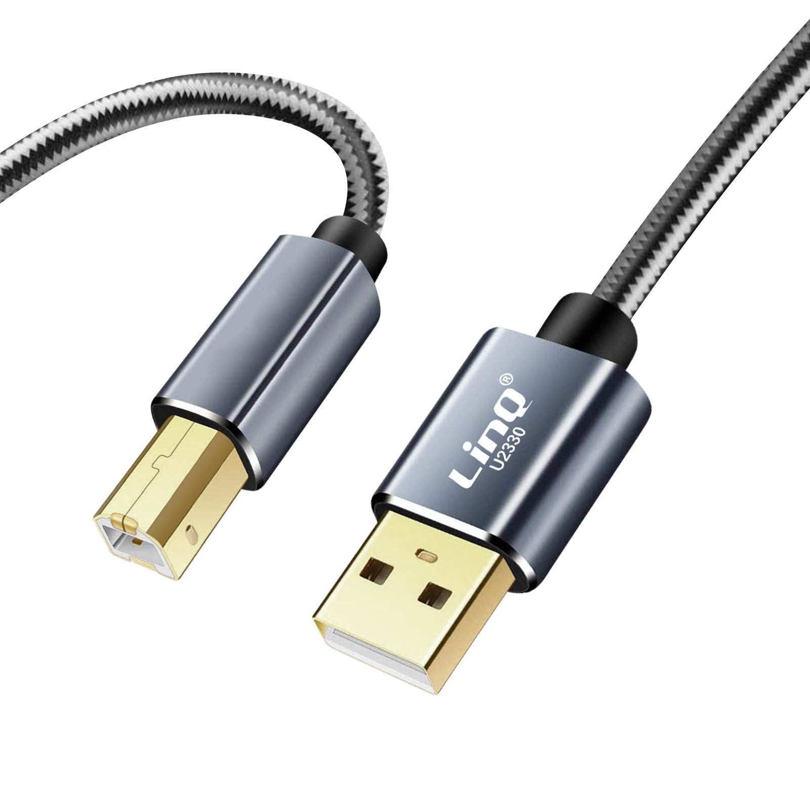 Cavo USB-a-mini-USB grigio. Etichetta Linq U2330 visibile.