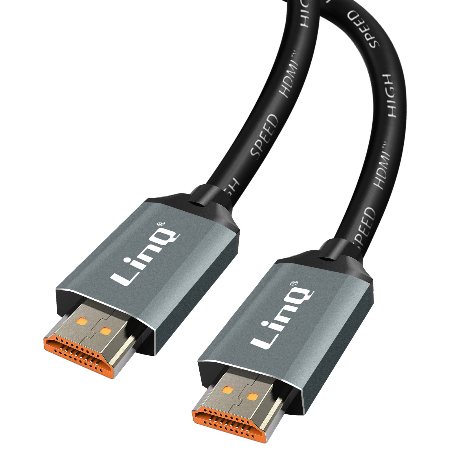 Cavo HDMI nero con connettori grigi. Il cavo ha il testo 'HIGH SPEED HDMI' e il logo 'Linq'.