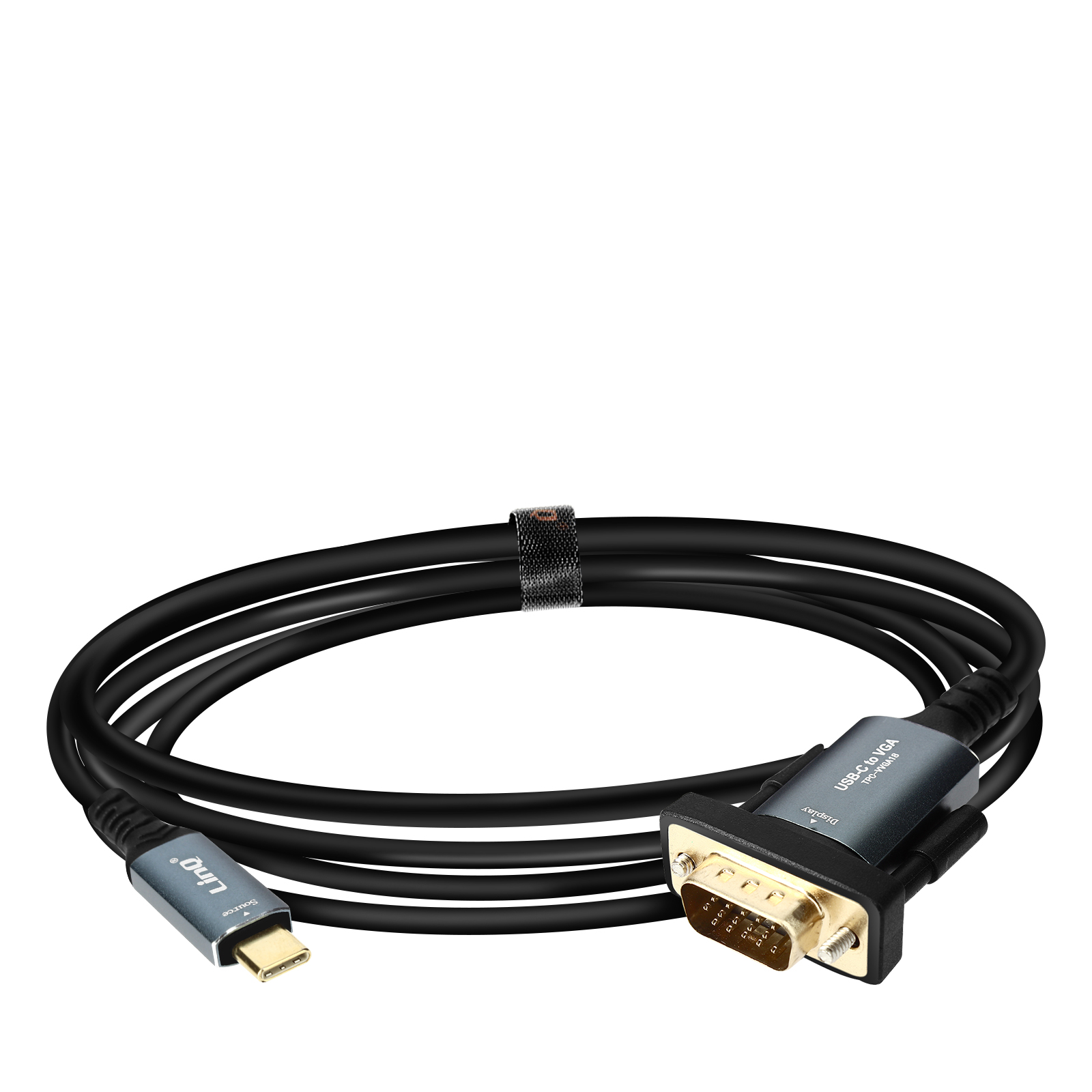 Ein schwarzes USB-C-zu-VGA-Kabel mit einem schwarzen Klettverschluss.