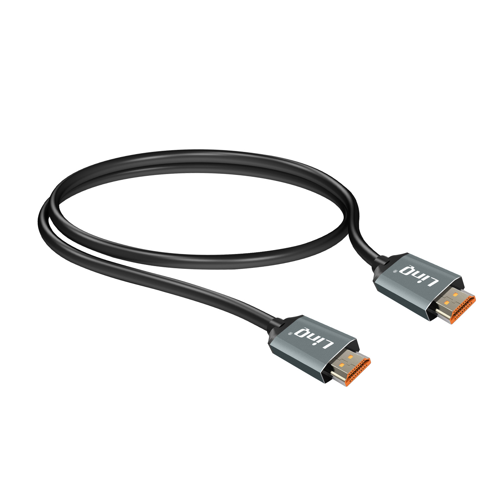Cavo HDMI nero con connettori grigi, dettagli arancioni e logo 'Linq'.