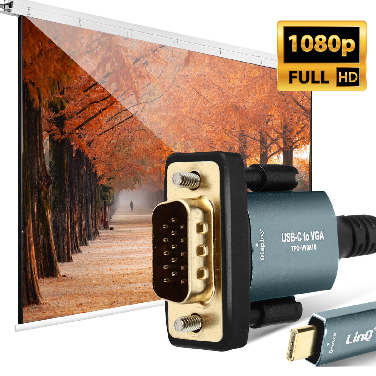 USB-C-zu-VGA-Adapter mit Projektorleinwand im Hintergrund.