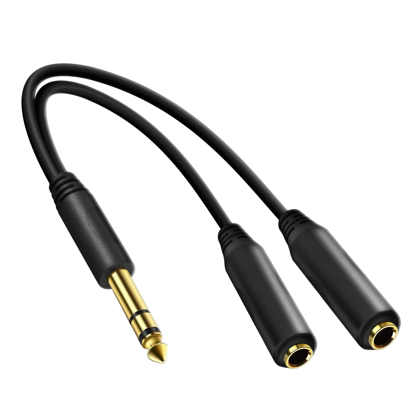 Un cavo audio nero con jack da 3,5 mm e due connettori femmina. I connettori sono dorati.